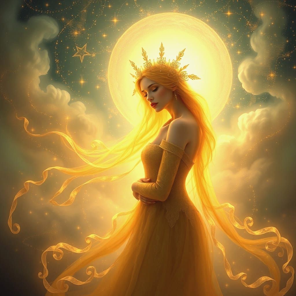 Ethereal Fantasy Goddess in Golden Haze