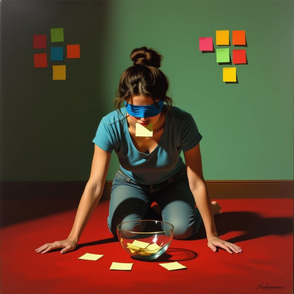 Baroque Painting of Blindfolded Woman in Green Room