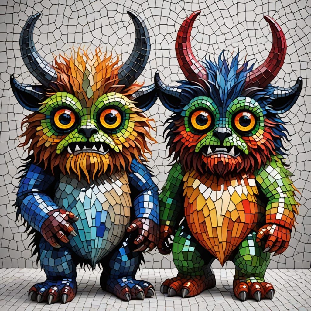 Mythical Two-Headed Creature from Vibrant Glass Mosaic