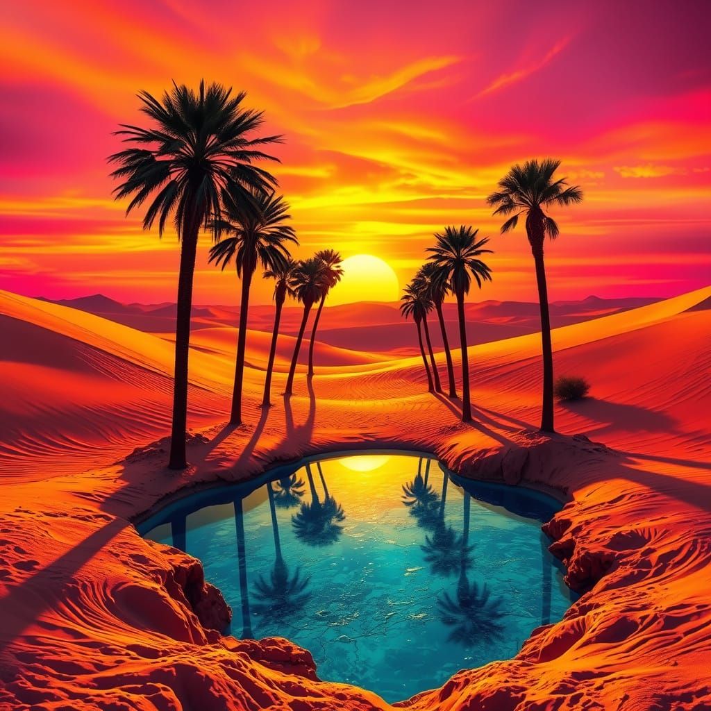 Golden Sunset Oasis in Vibrant Digital Art