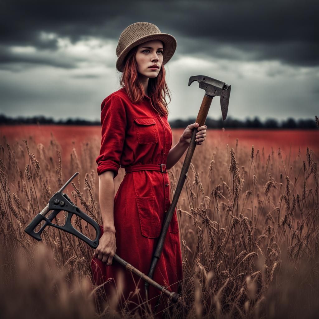 Girl in Red Dress in Field: Hyperrealistic Image