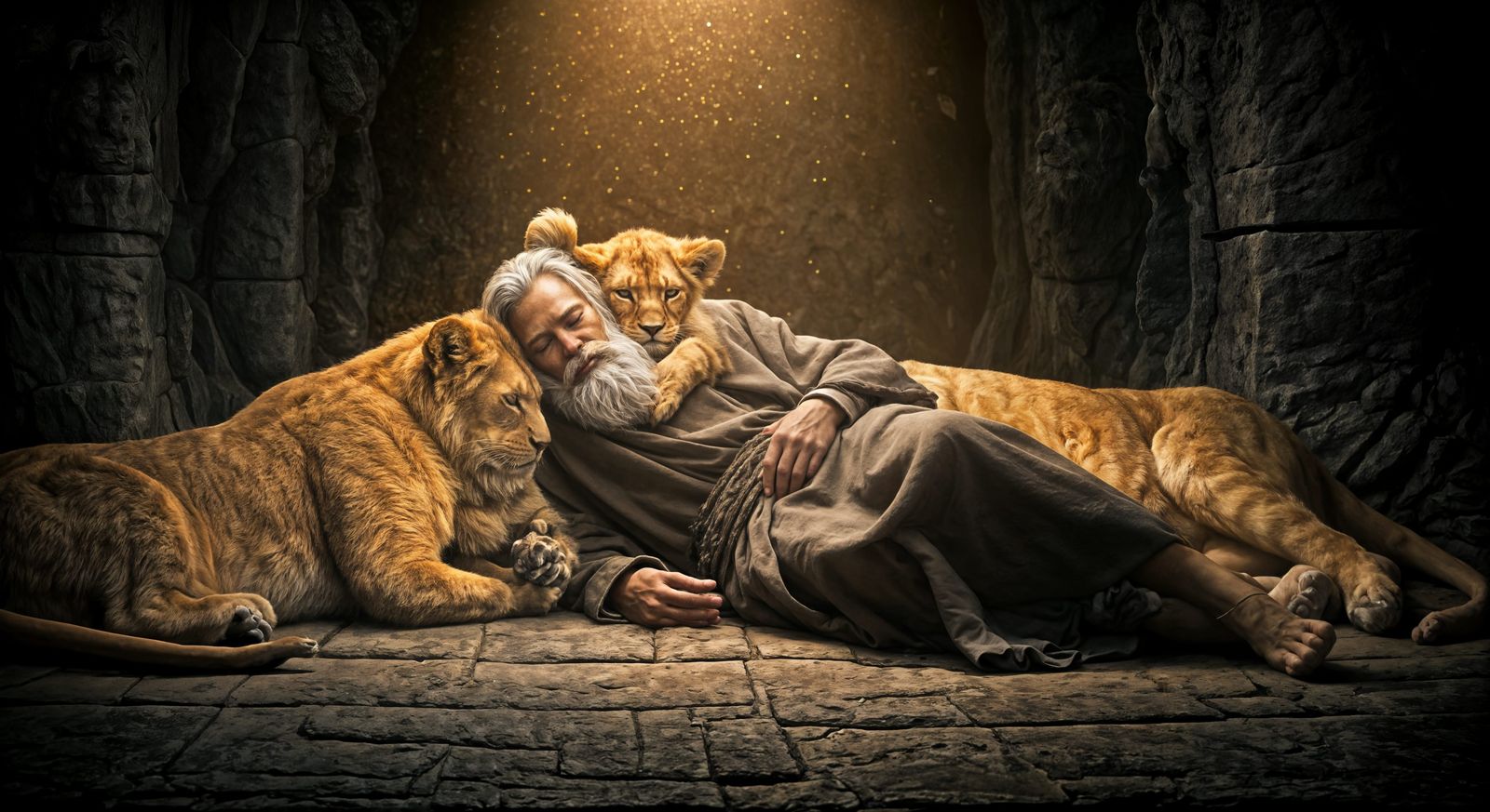 Prophet Surrounded by Slumbering Lions in Golden Light
