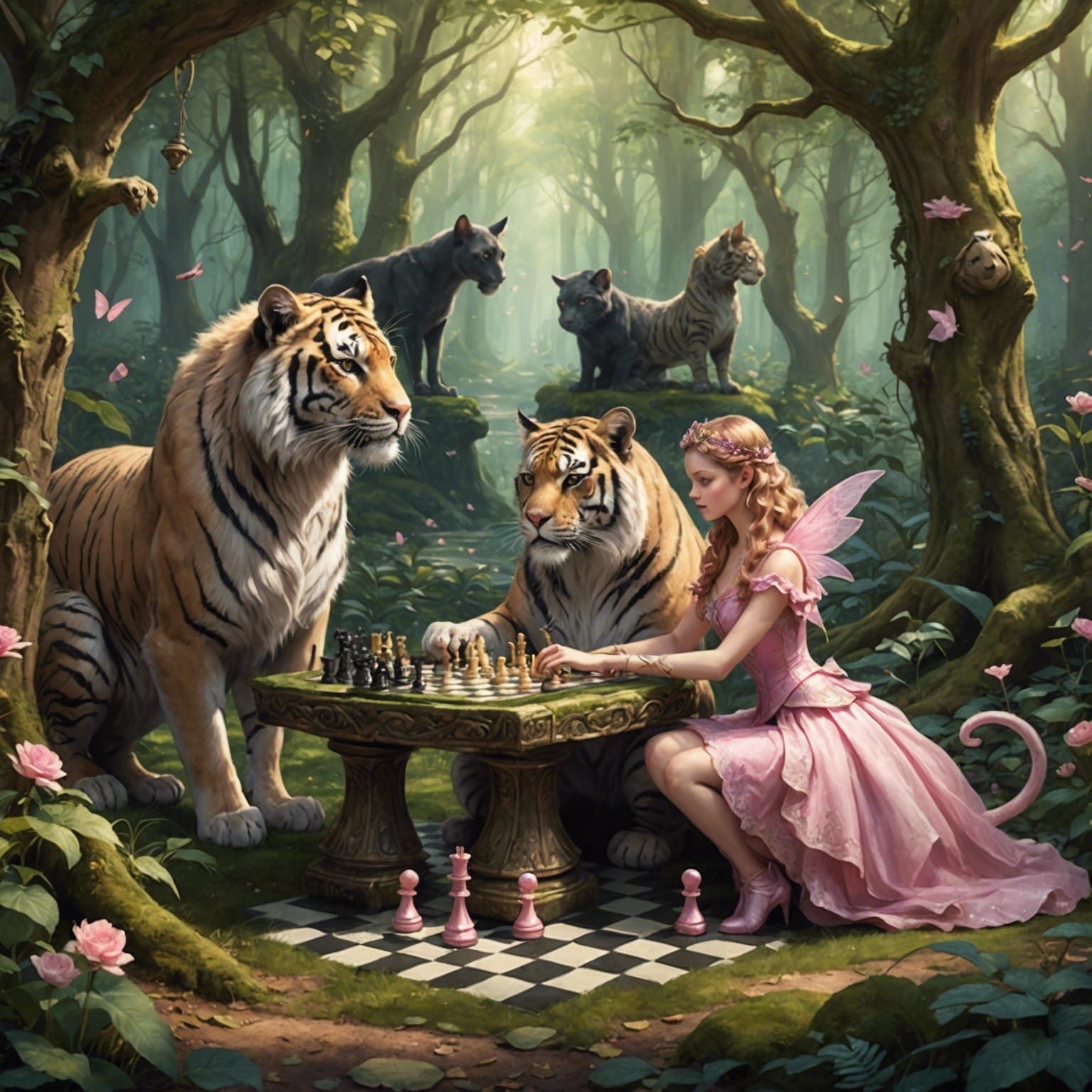 Fairy and Chimera Chess Match in Enchanted Forest