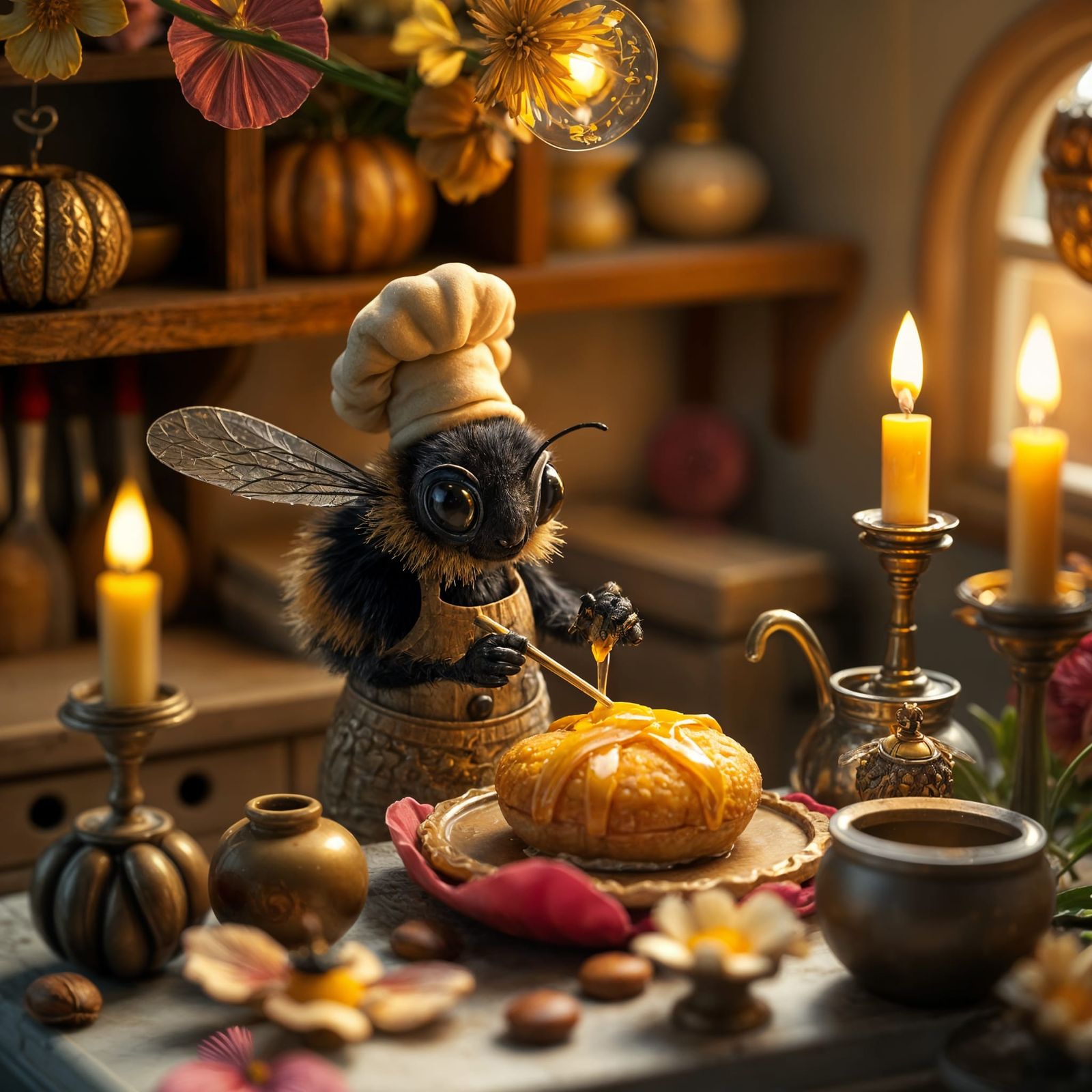 Miniature Bumblebee Chef in Whimsical Flower-Petal Kitchen