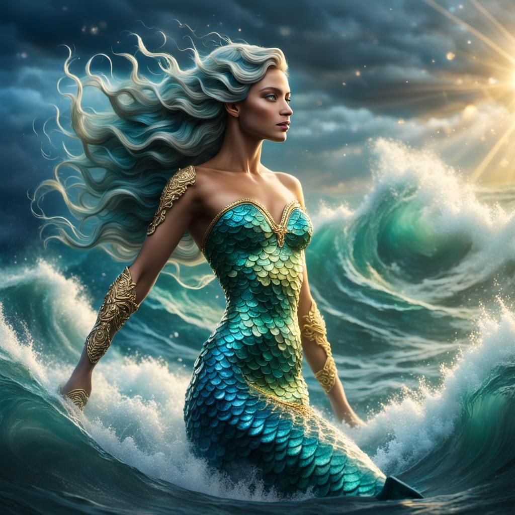 Sparkling Wave Mermaid with Trident in Ocean