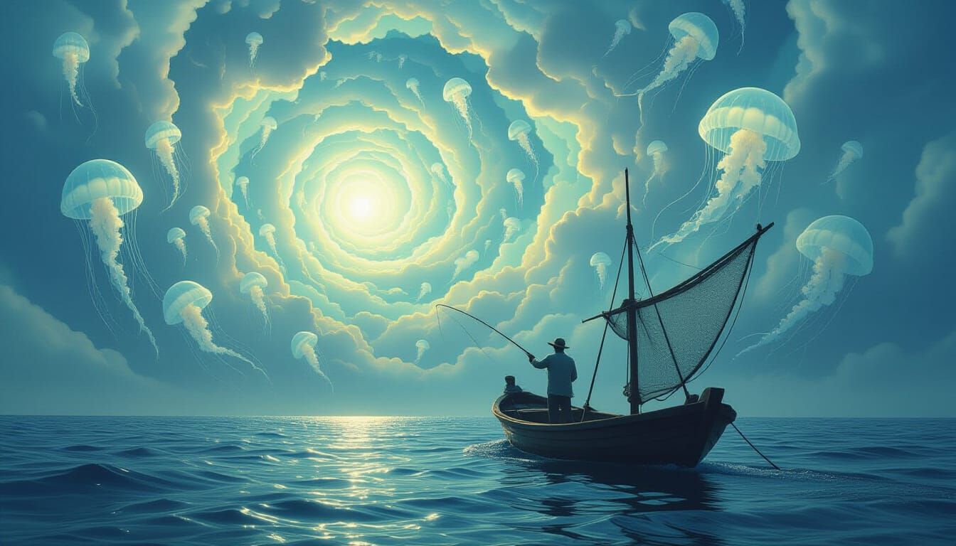 Fisherman Casting Net to Luminescent Sky Jellyfish