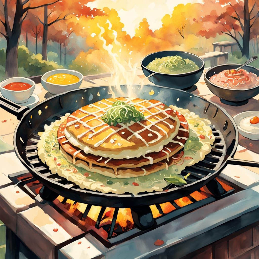 Watercolor-Style Okonomiyaki on Teppan Grill with Whimsical ...