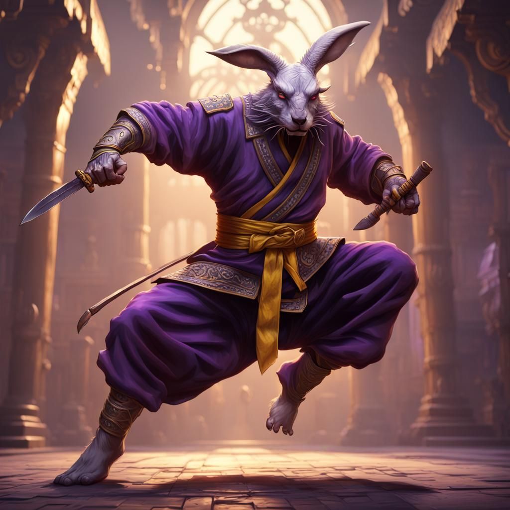 Martial Arts Wererabbit with Knives: Dark Fantasy Art