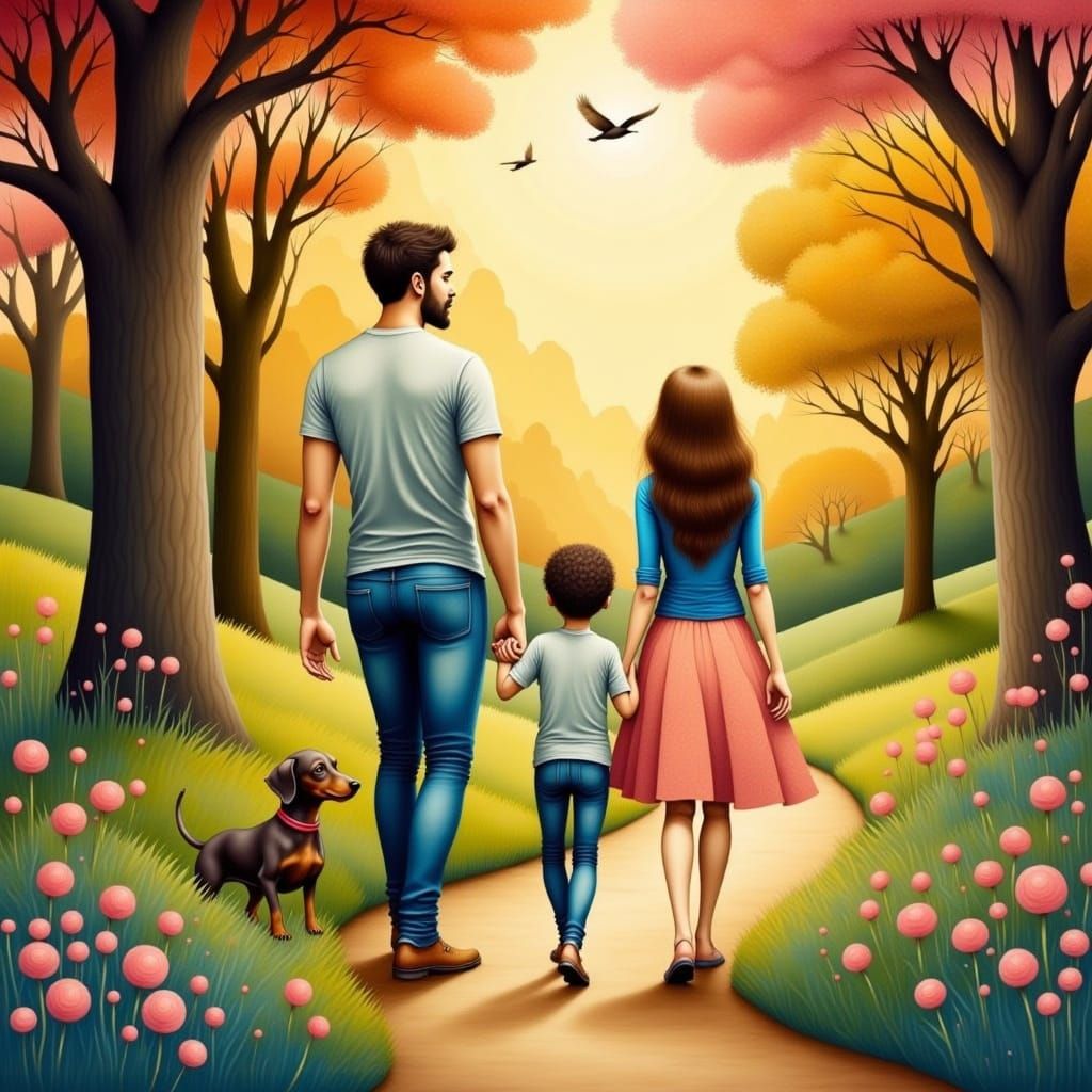 Father and Children in Park: Watercolor Klimt Style