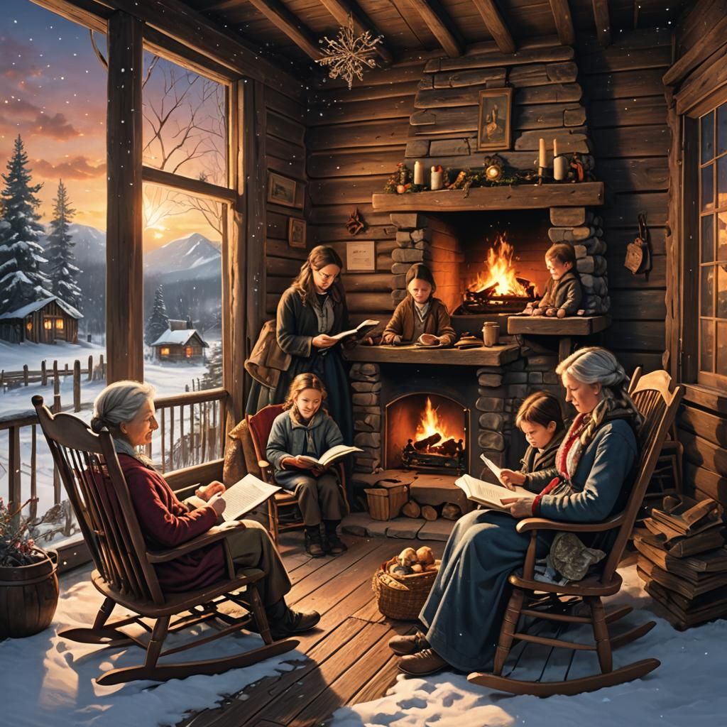 Winter Cabin Scene: Mother Reading to Children