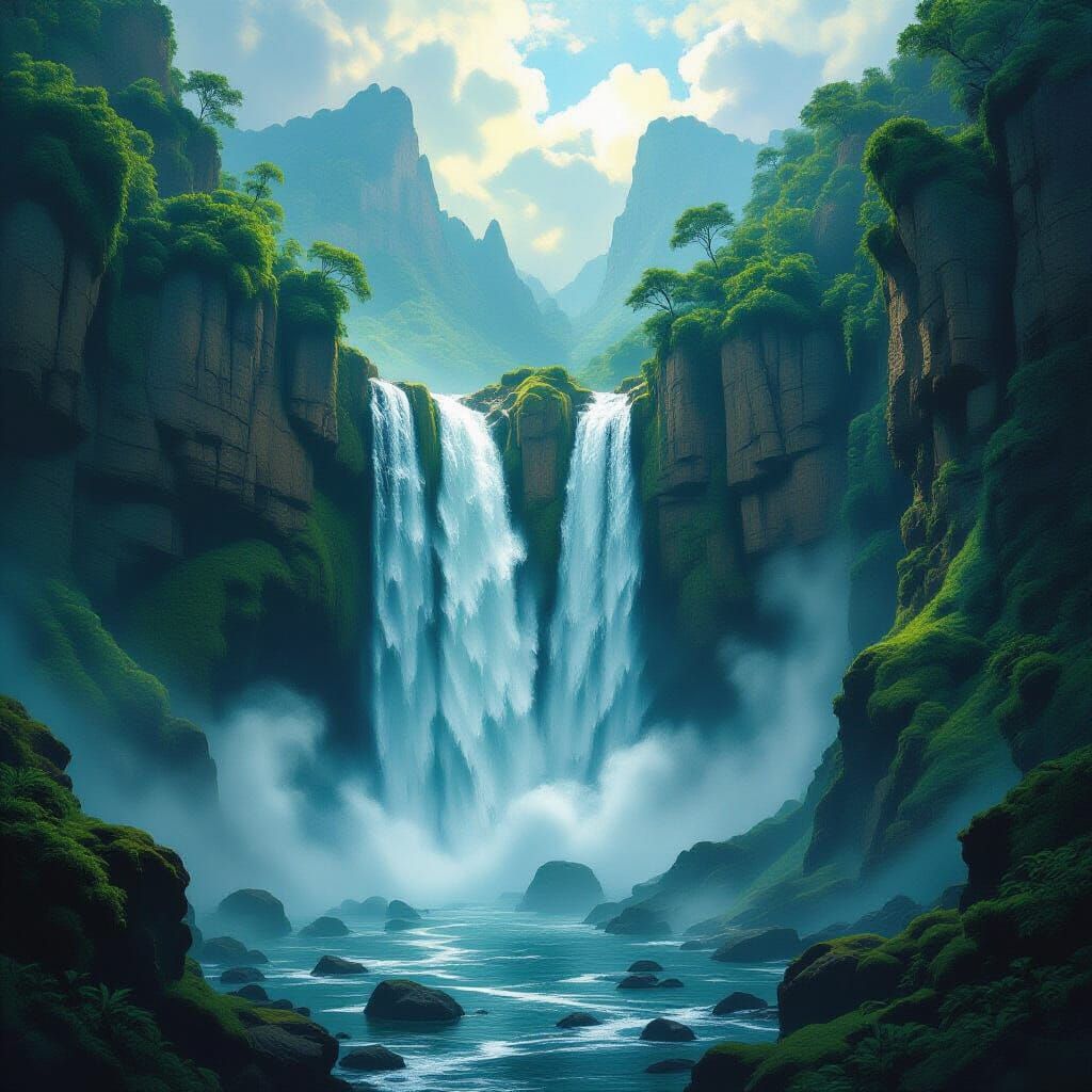 Majestic Waterfall in Dramatic Atmospheric Digital Matte Pai...