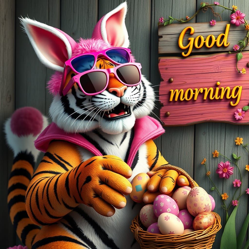 Whimsical Tiger Hands Out Easter Eggs in a Vibrant, Fantasti...