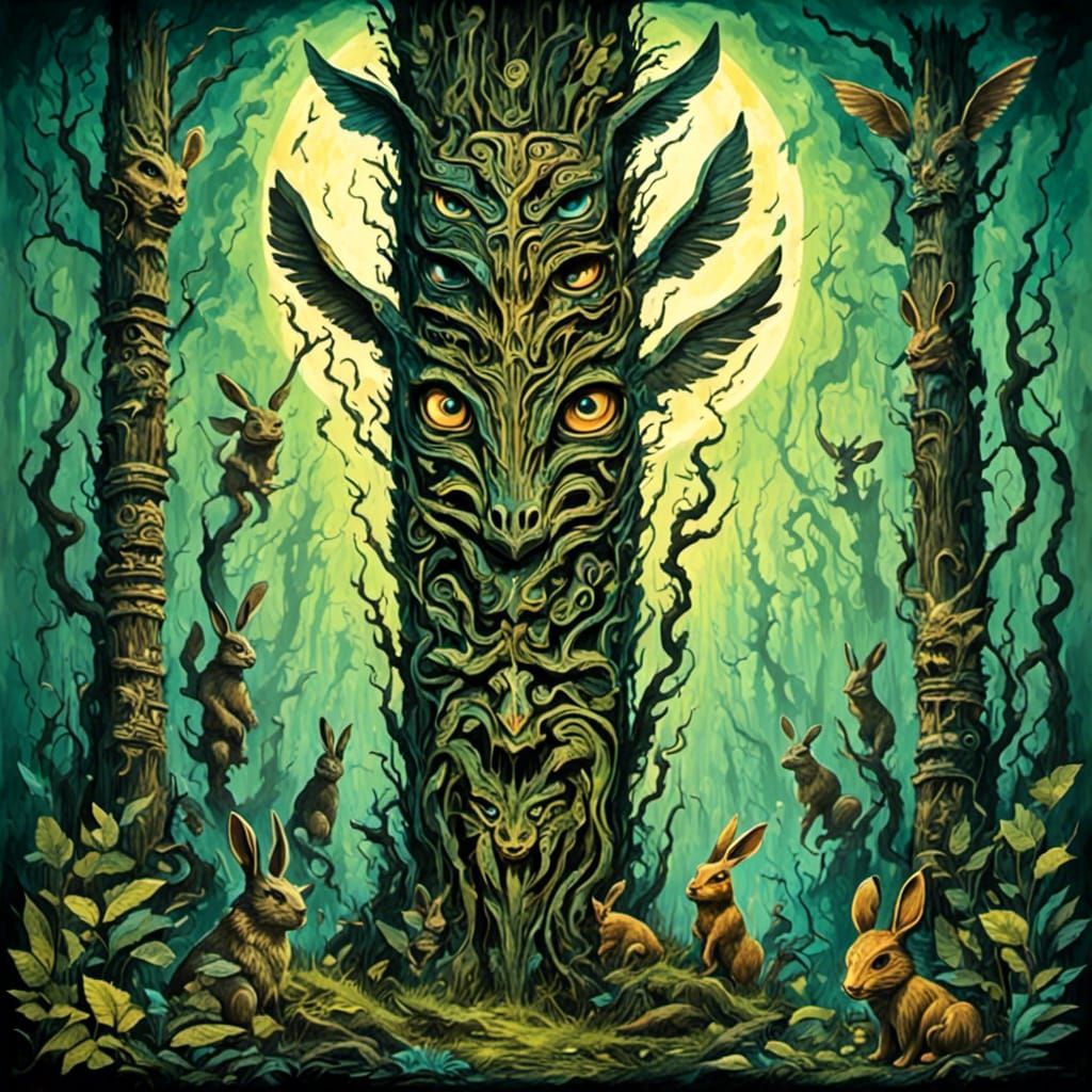 Mystical Forest Totem Pole with Pagan Bunnies