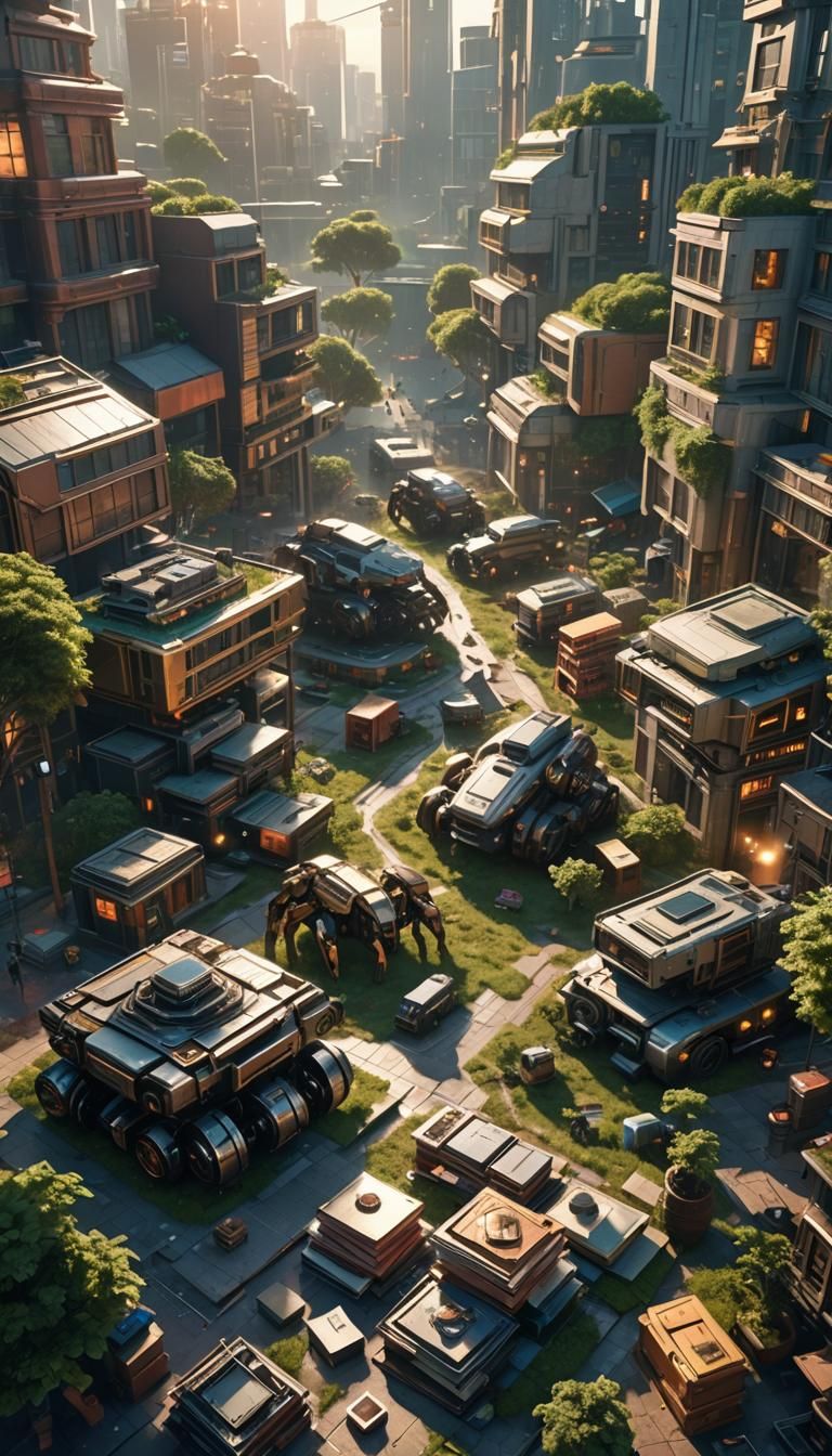 Cyberpunk Cityscape with Books and Lush Greenery