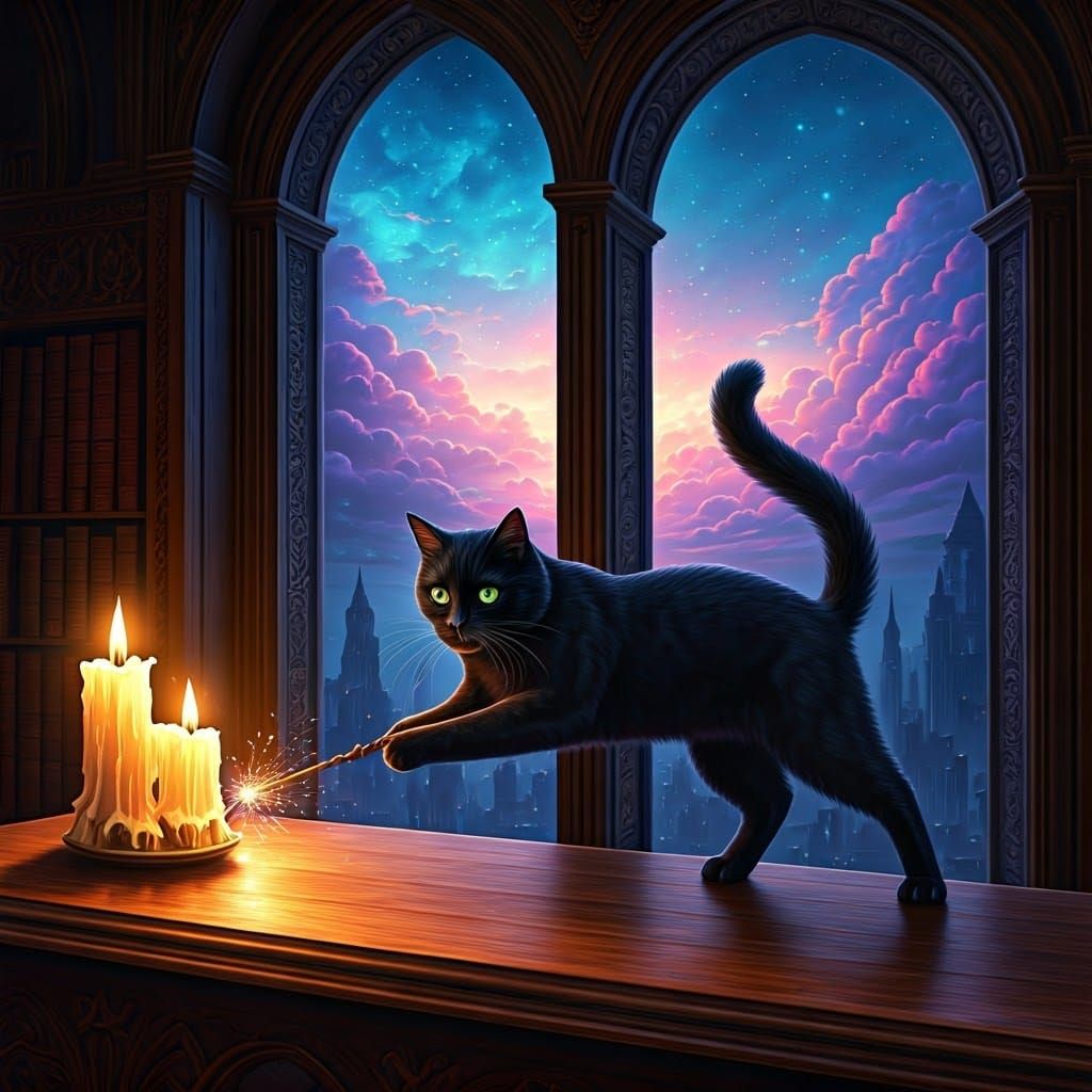 Black Cat Steals Wizard's Wand in Magical Castle