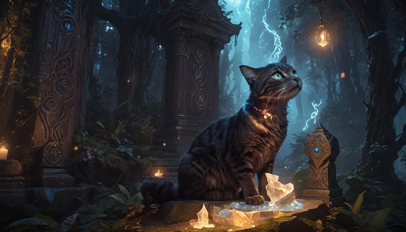 Regal Cat on Crystal Pedestal in Mystical Forest
