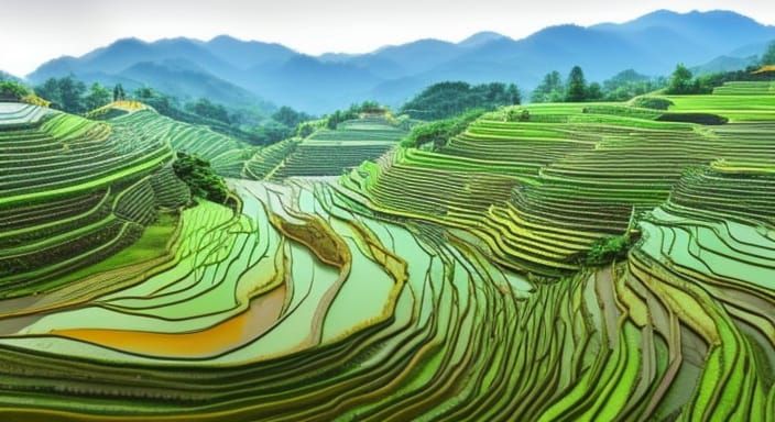 Hyperreal Aerial View of Rice Paddies at Sunset