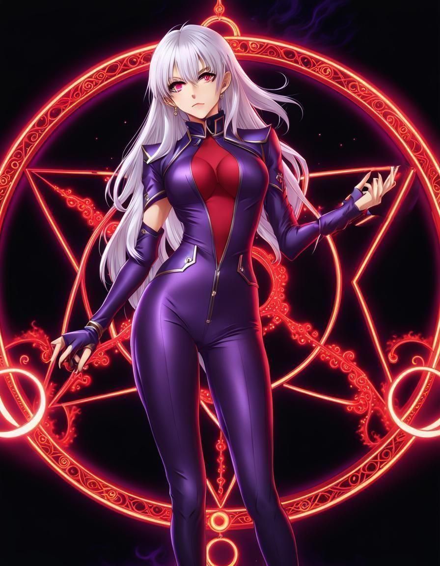 Anime Woman with Red Eyes and Purple Suit