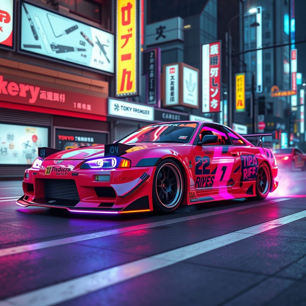 Cyberpunk Tokyo Drift Car in Neon 8k