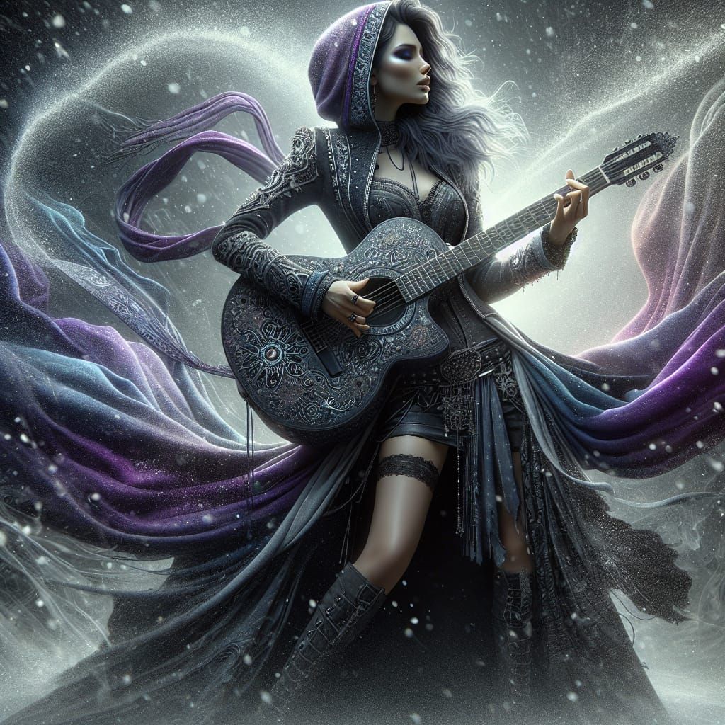 Gothic Goddess Rocks Guitar in Blizzard
