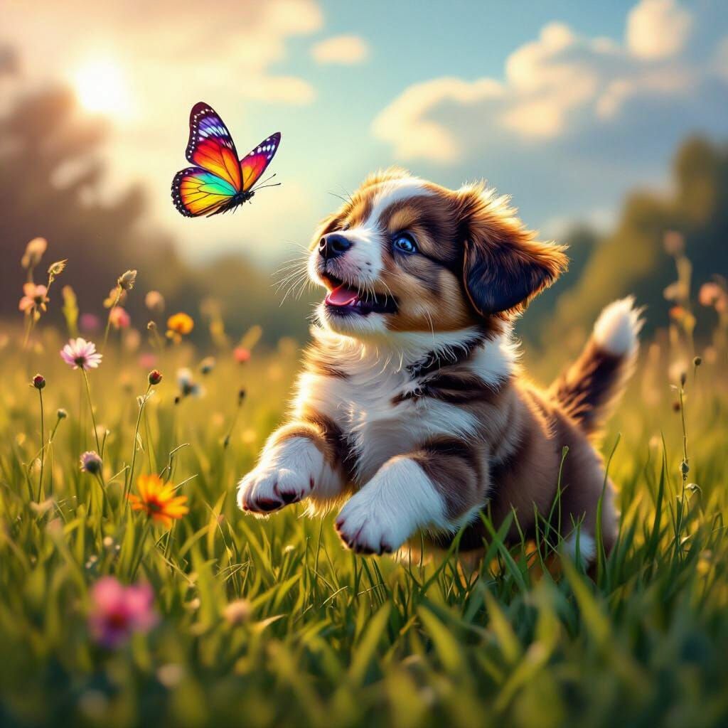 Puppy Chasing Rainbow Butterfly in Lush Grassy Field