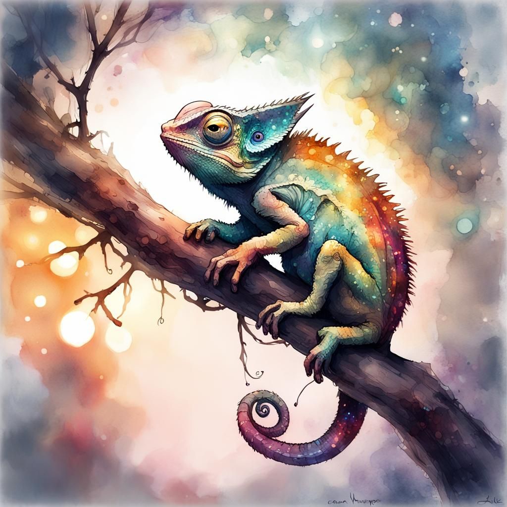 Chibi Chameleon in Space, Digital Watercolor Art