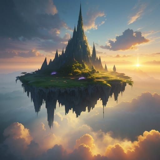 Ethereal Floating Islands in Golden Hour Light