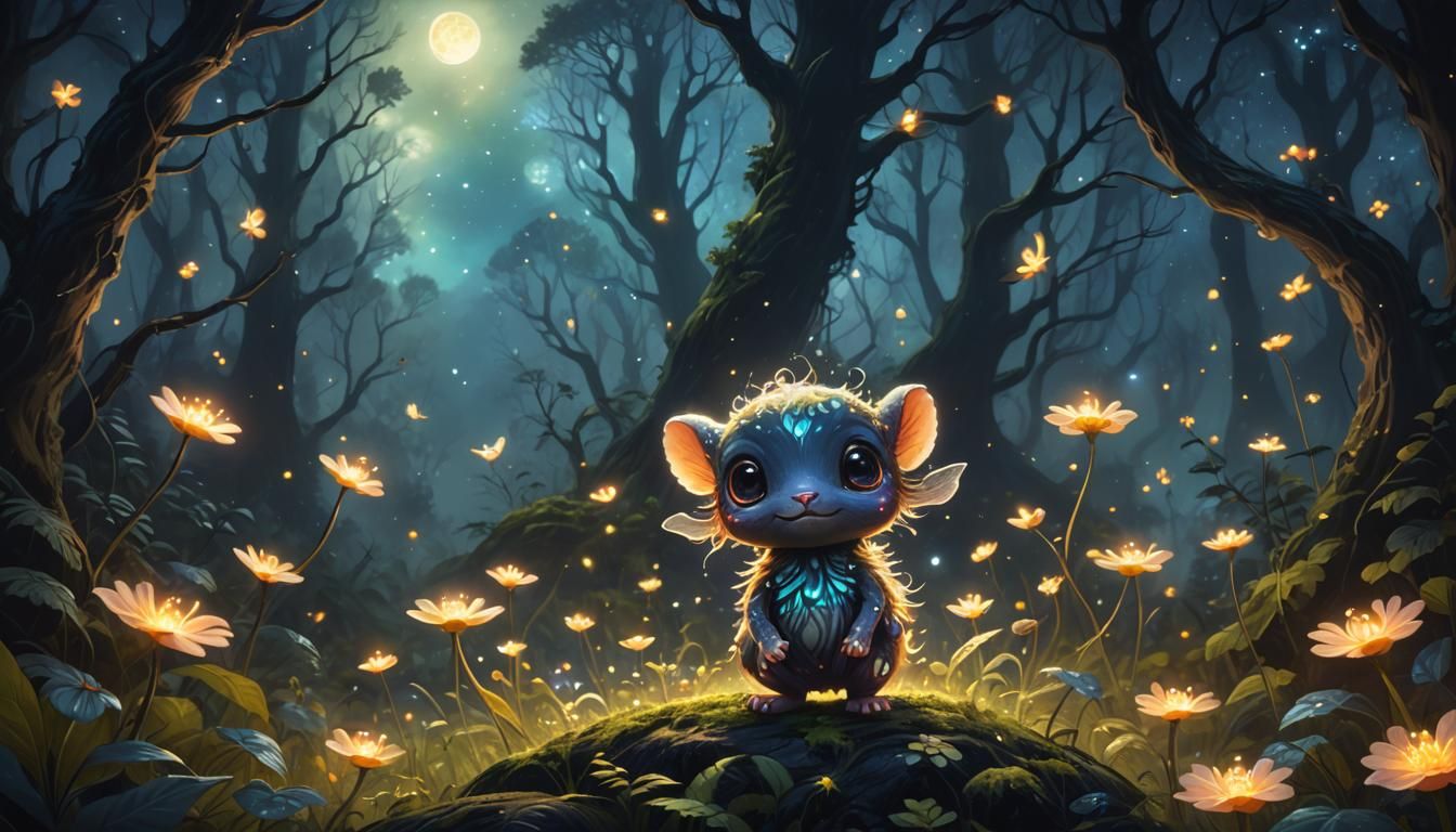 Glowing Flower Creature in Dark Forest Painting
