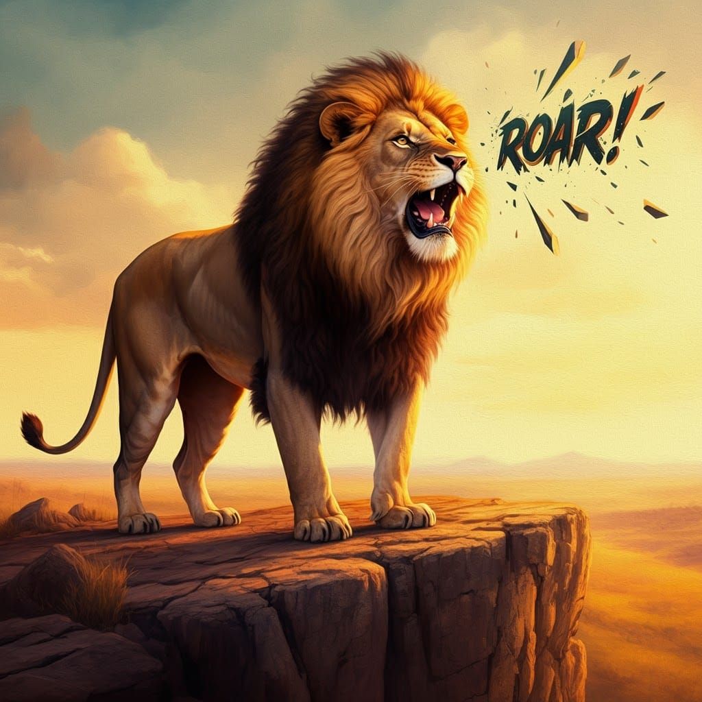 Majestic Lion Roaring in a Golden Landscape