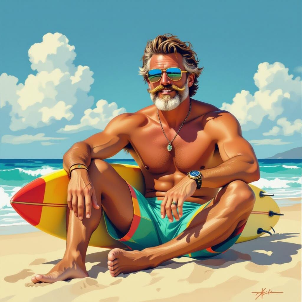 Surfer with Moustache on Beach in Digital Art Style