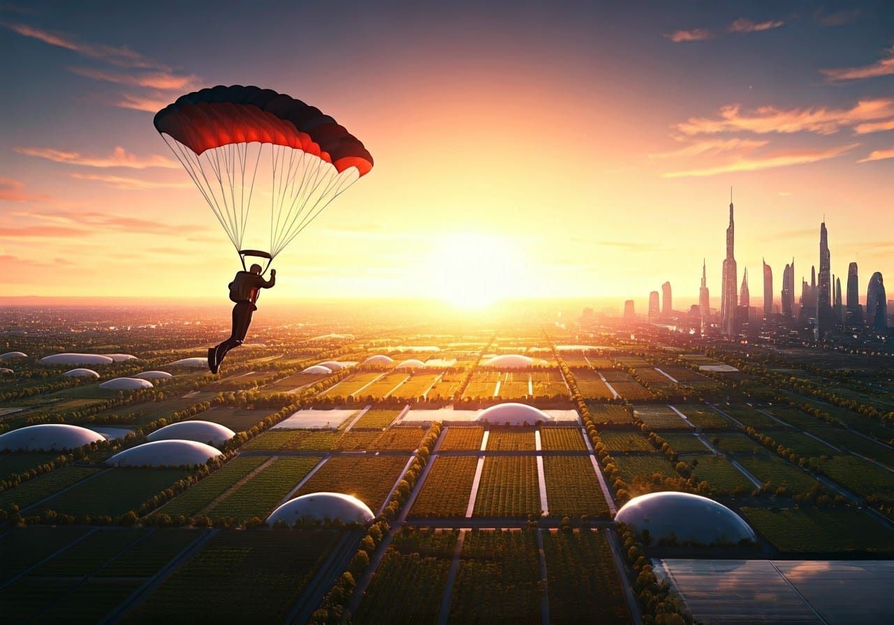 Futuristic Skydiver Descends Towards Utopian City