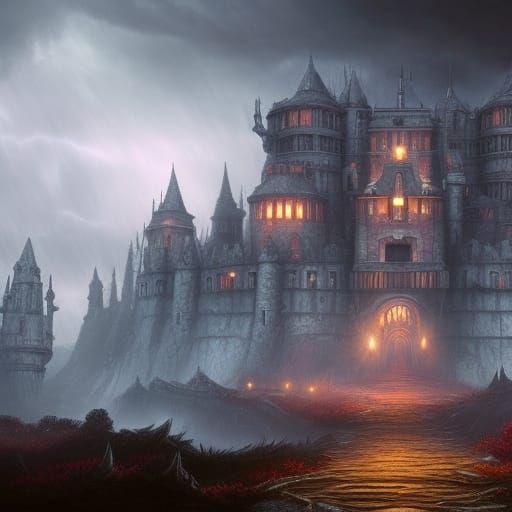 Dark Castle in Stormy Landscape: Matte Painting