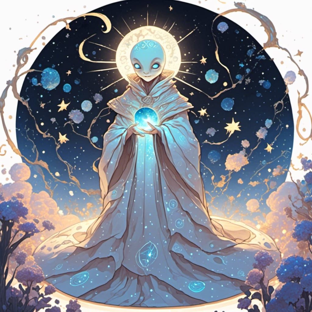 Smiling Alien Rune God in Starry Sky