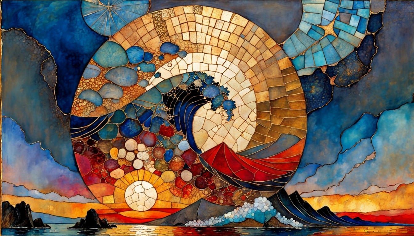 Surreal Ocean Sunset in Thick Textured Impasto Style