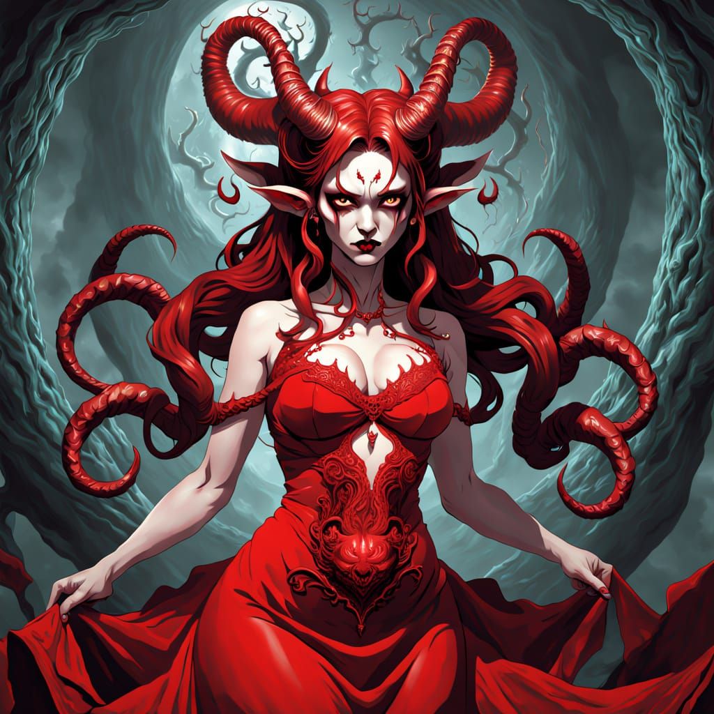 Voluptuous Female Demon with Twisted Horns in Deep Colors
