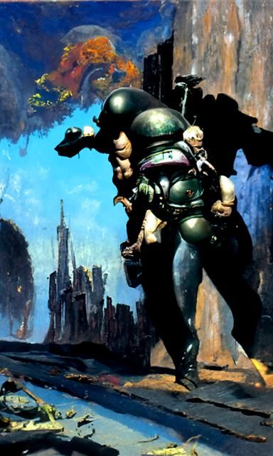 Space Marine in Sci-Fi Ruins: Fantasy Oil Painting