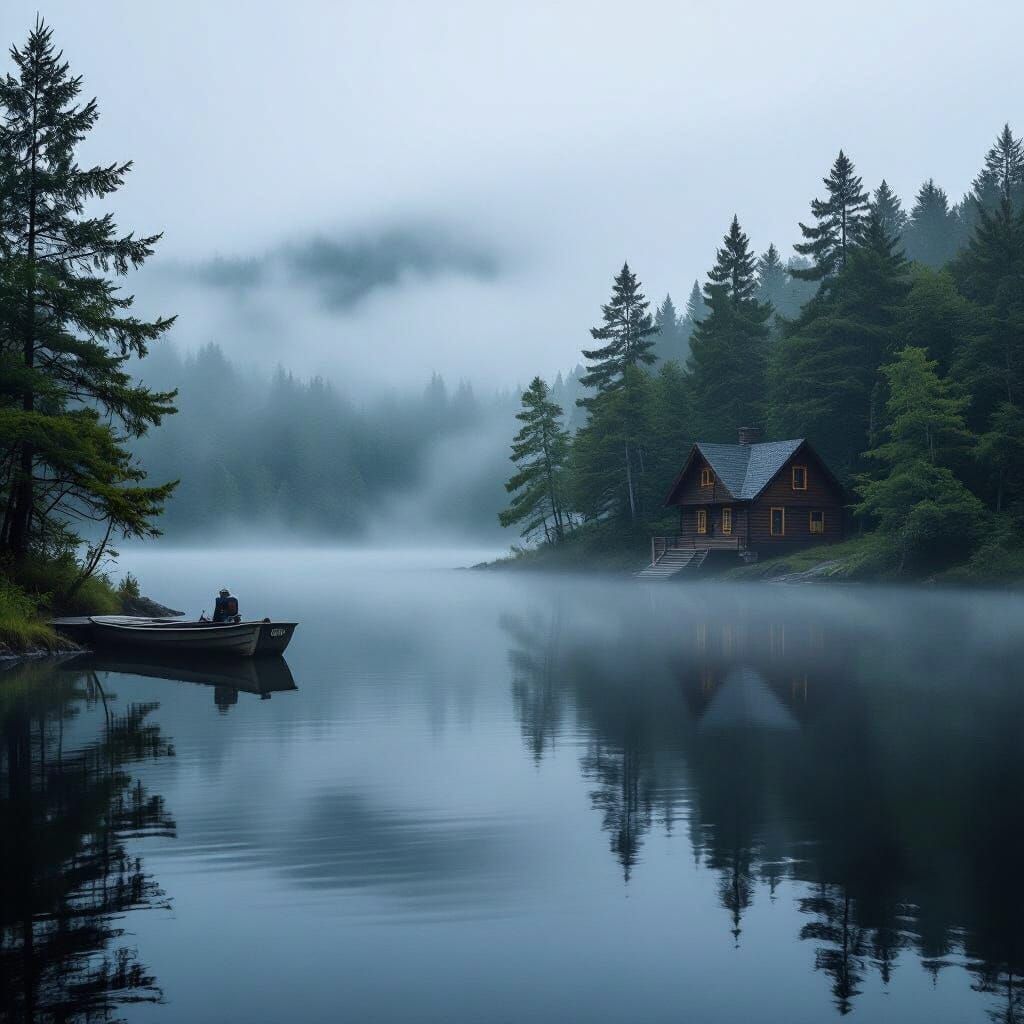 Misty Wooded Lake with Foggy Fishing Cabin