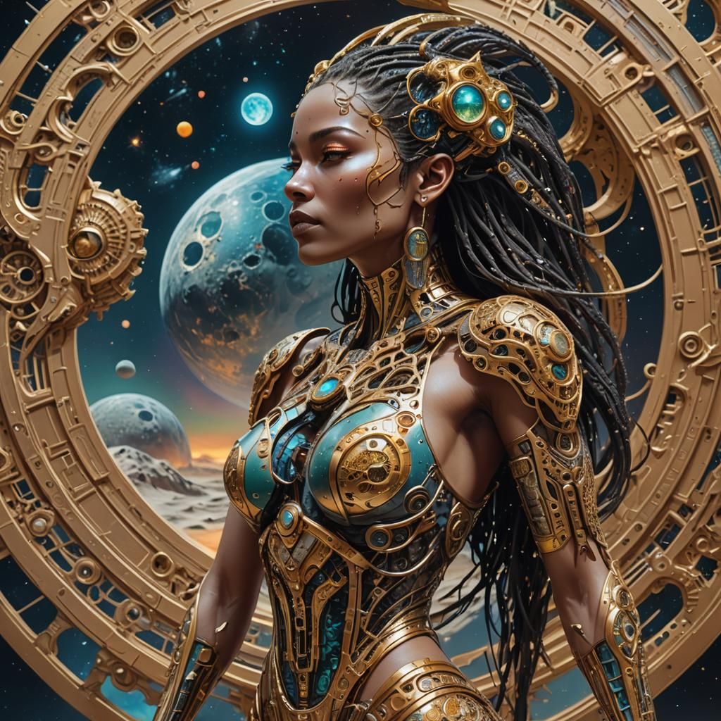 Exotic Cyberpunk Woman Sunbathing on the Moon