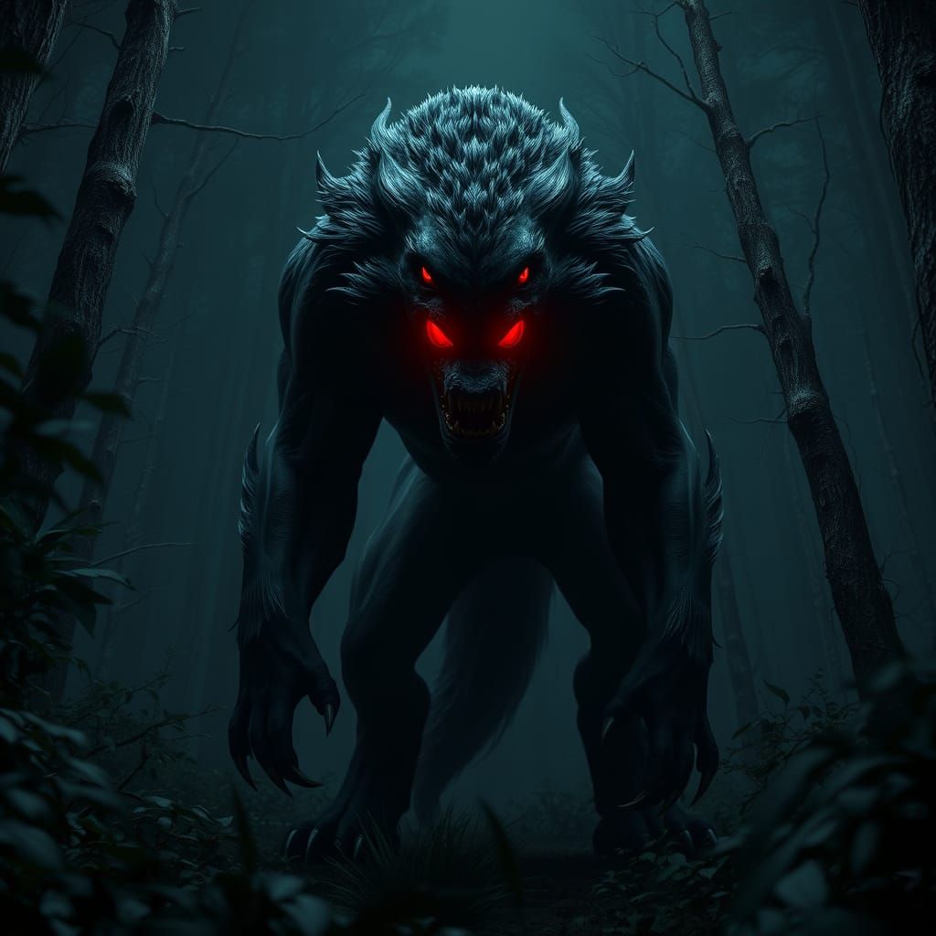 Dark Fantasy Werewolf in Inky Black Night