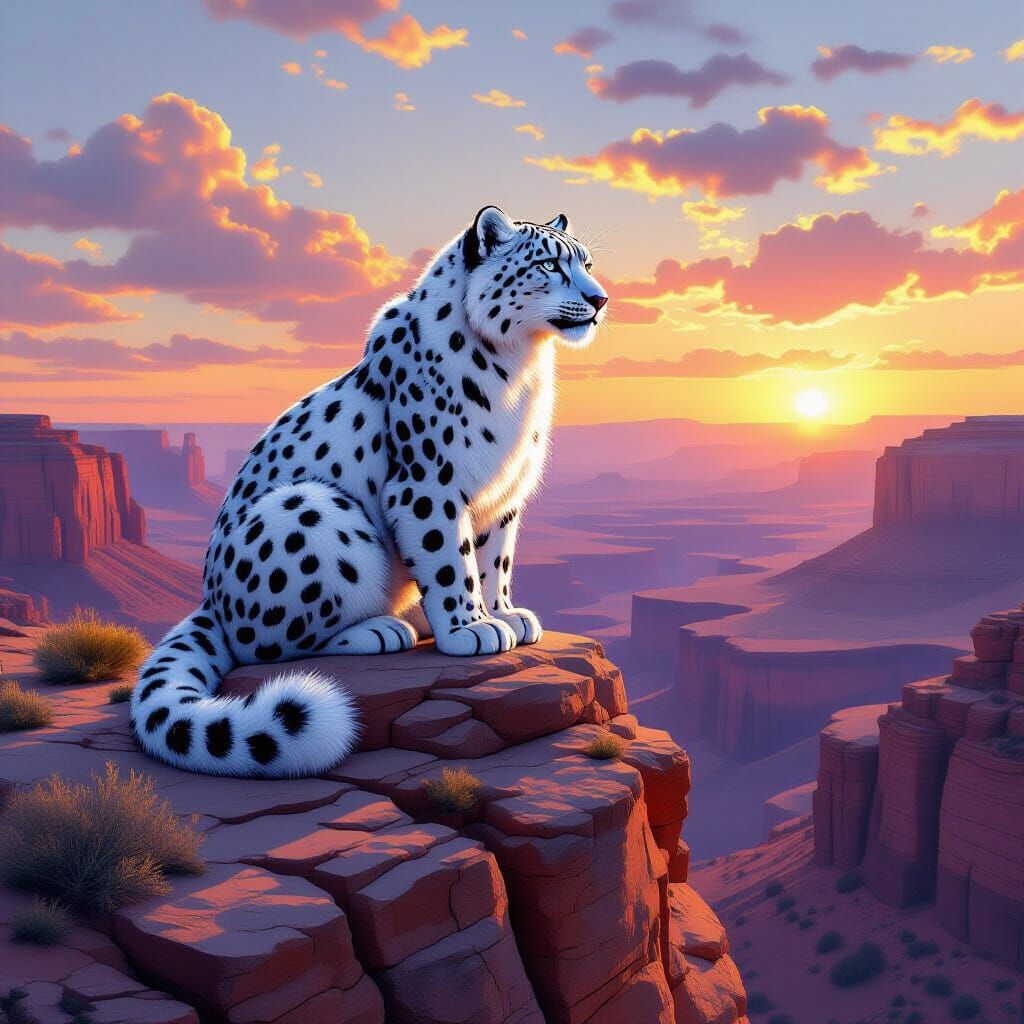 Snow Leopard Sphinx Overlooking Desert Canyon, Digital Paint...