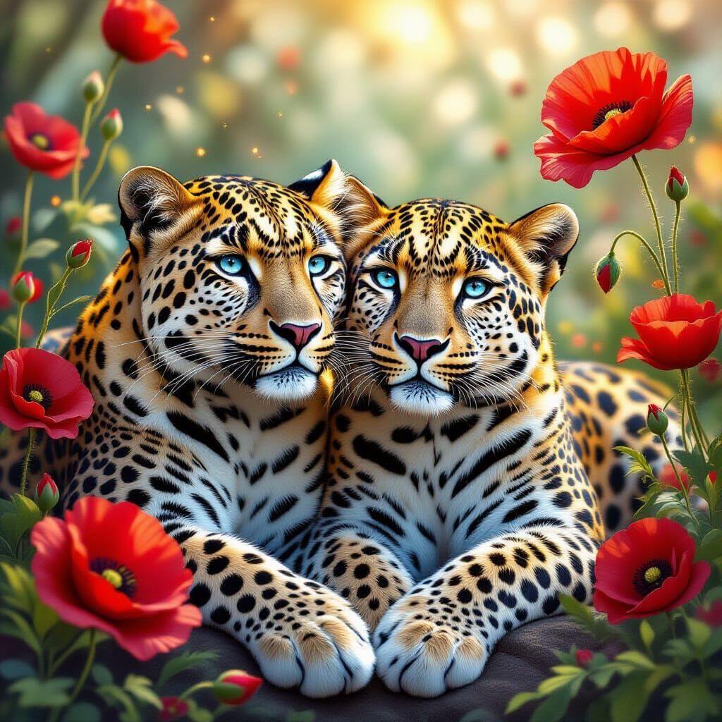 Majestic Leopards with Blue Eyes and Poppies in Fantasy Styl...
