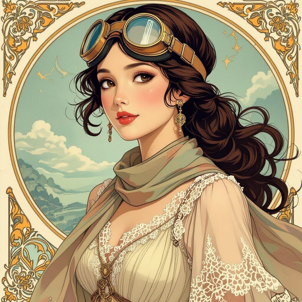 Elegant Lady in Goggles, Anime Art Nouveau Style