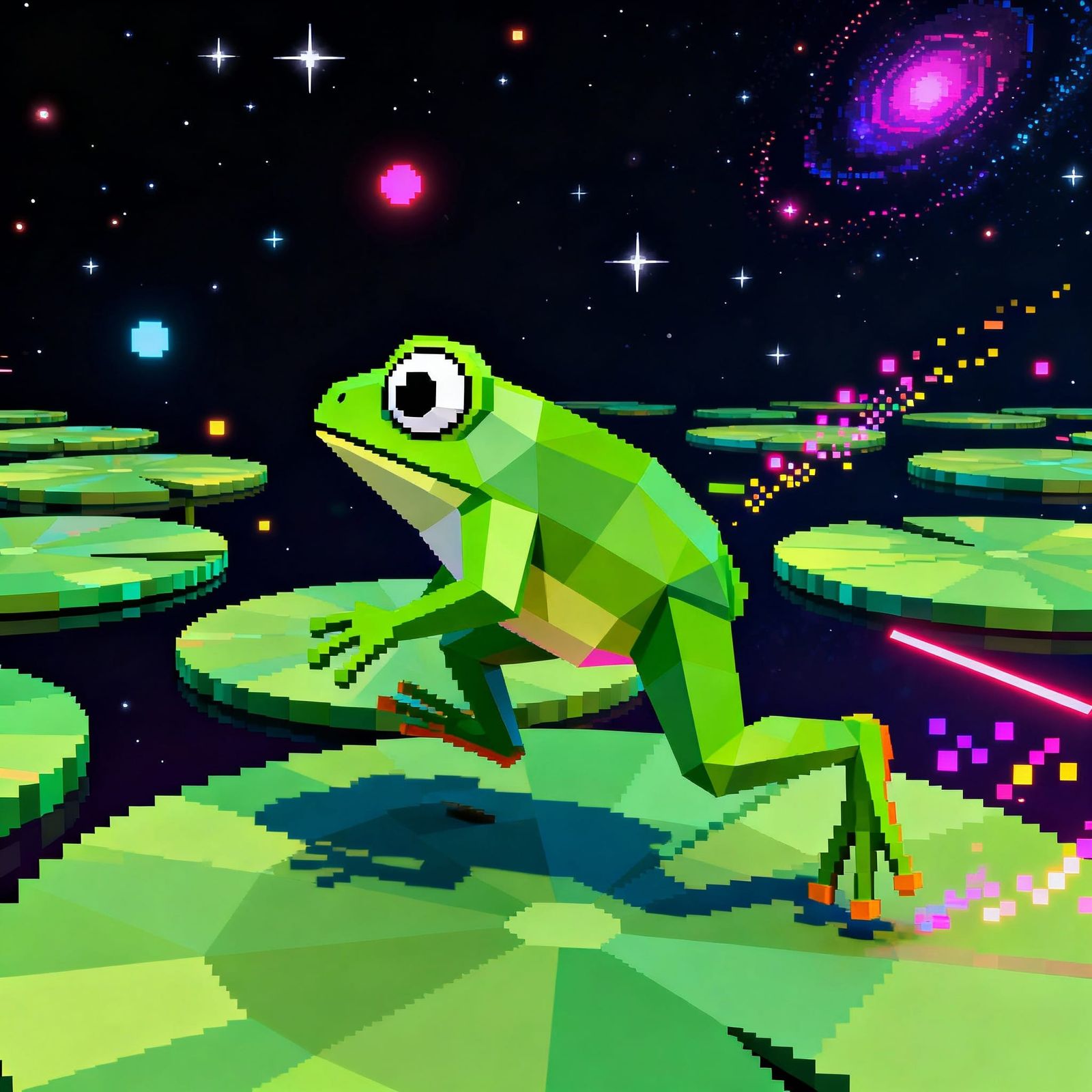 Frog Jumps Across Space Lily Pads in Retro Game Style