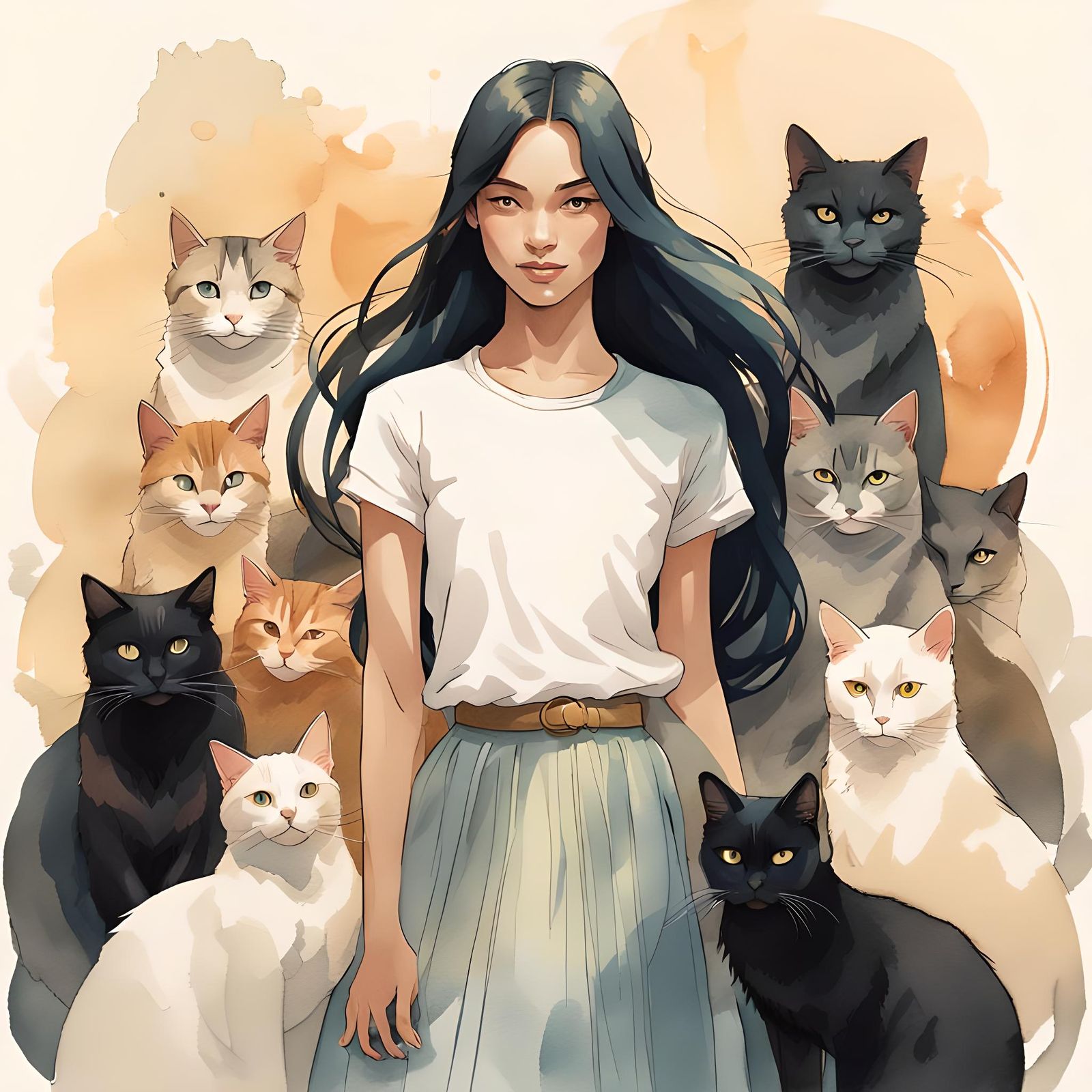 Woman with Cats Portrait in Hyperdetailed Digital Art