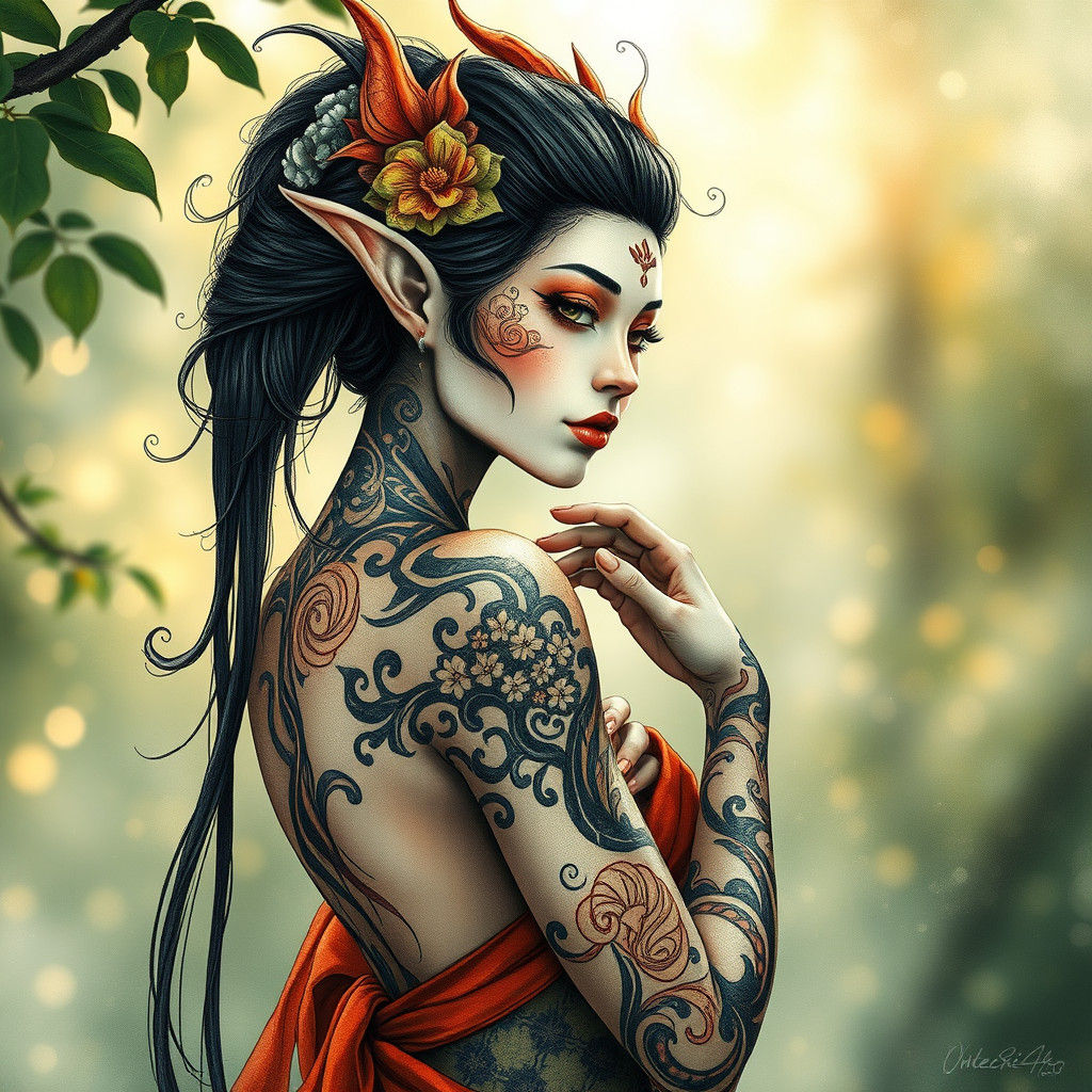 Ethereal Tattooed Elf Geisha in Art Brut Style