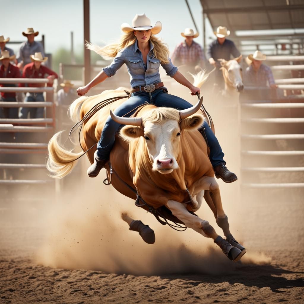 Blonde Cowgirl Rides Runaway Bull: Photorealistic Rodeo