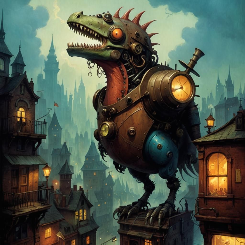 Steampunk Monster City Illustration in Shaun Tan Style