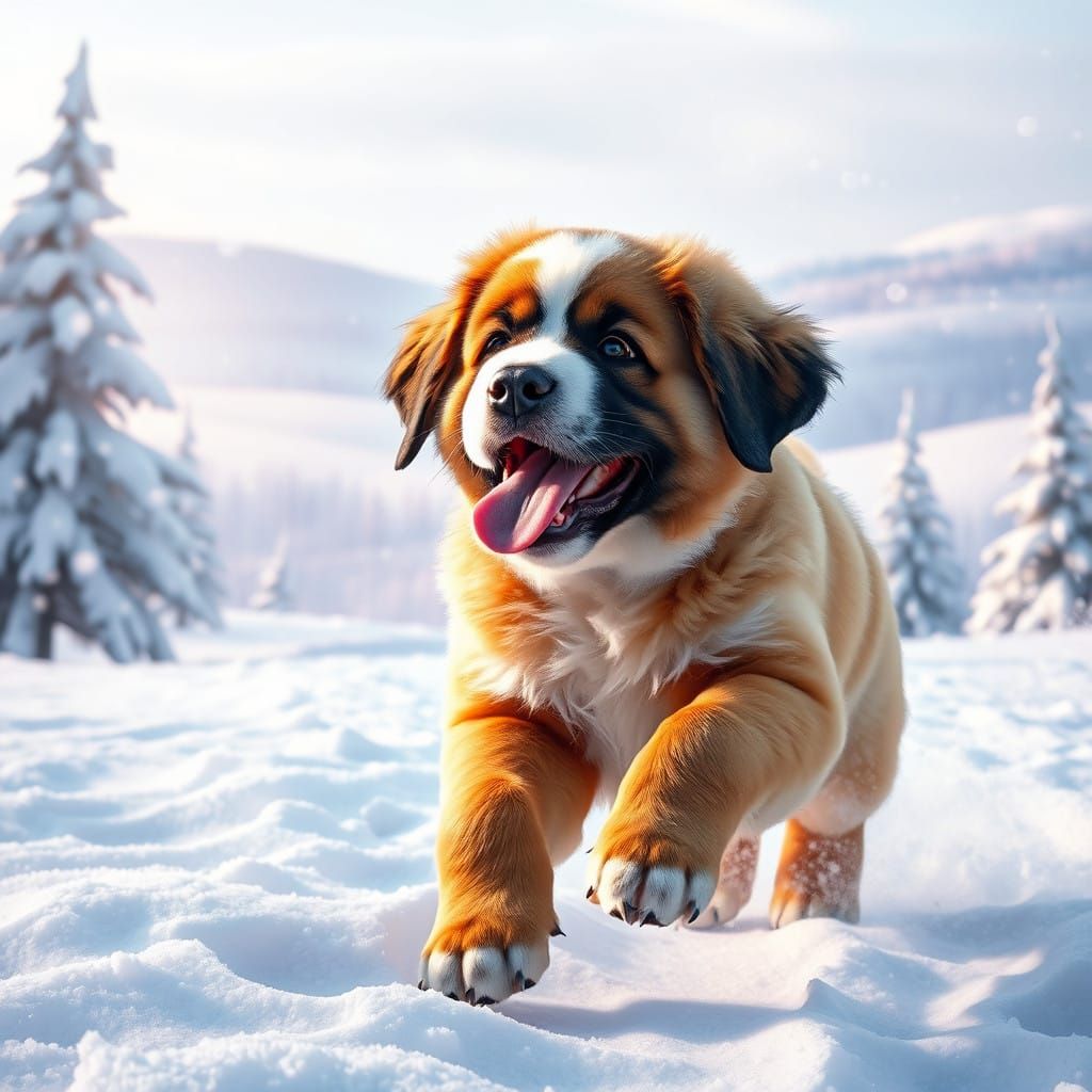 Whimsical Saint Bernard Puppy in Winter Wonderland