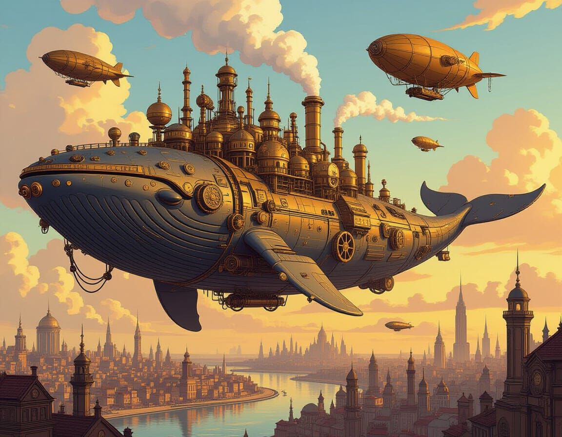 Steampunk City on a Sky Whale, Whimsical Illustration Style