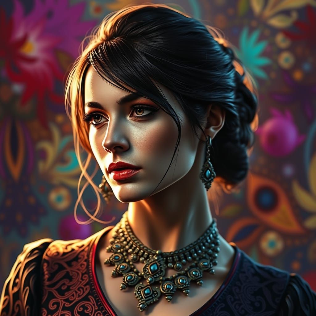Elegant Brunette Woman in Hyperrealistic Splash Art Style